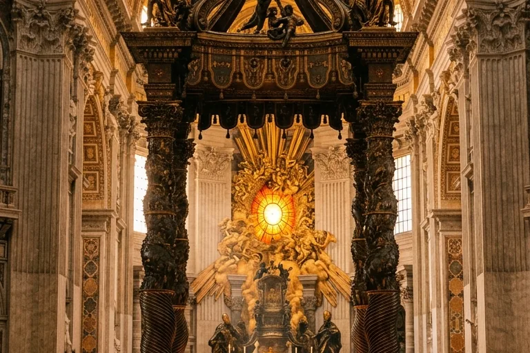 Inside St. Peter's Basilica, Vatican City, the altar beneath Bernini's canopy