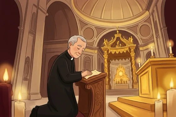 Father James carrying a prayer to the altar of St. Peter's Basilica